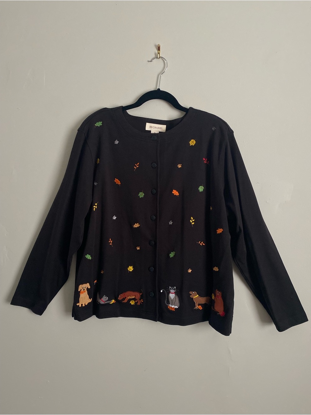 Bechamel Playful Pets Cardigan XL Vintage 90's Artsy Whimsical Kitsch Teacher